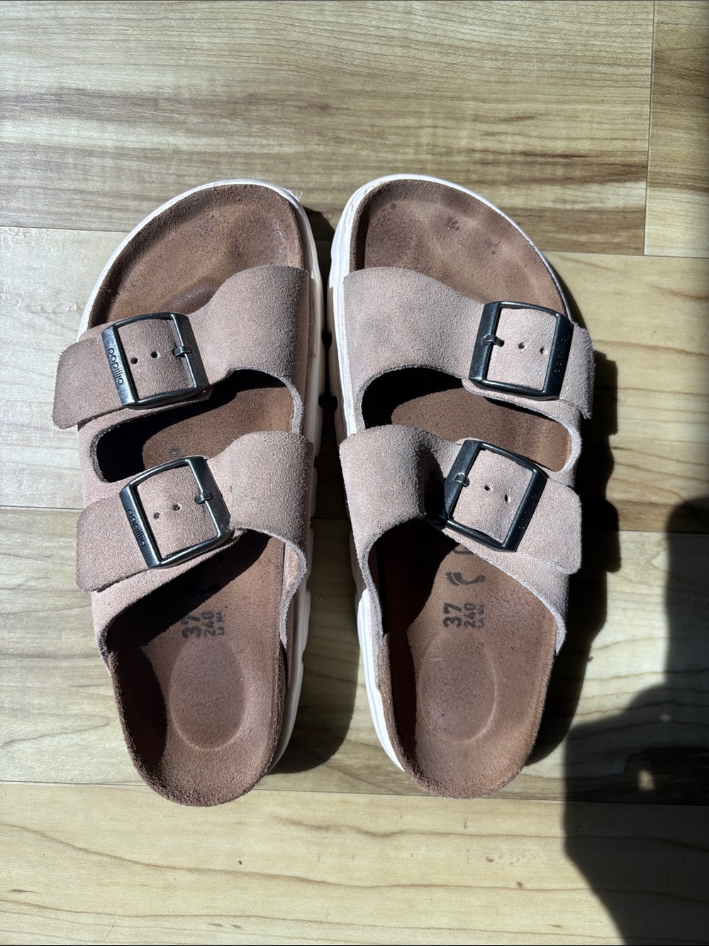 Birkenstock Double-Buckle Suede Sandals in Light Pinkish Brown